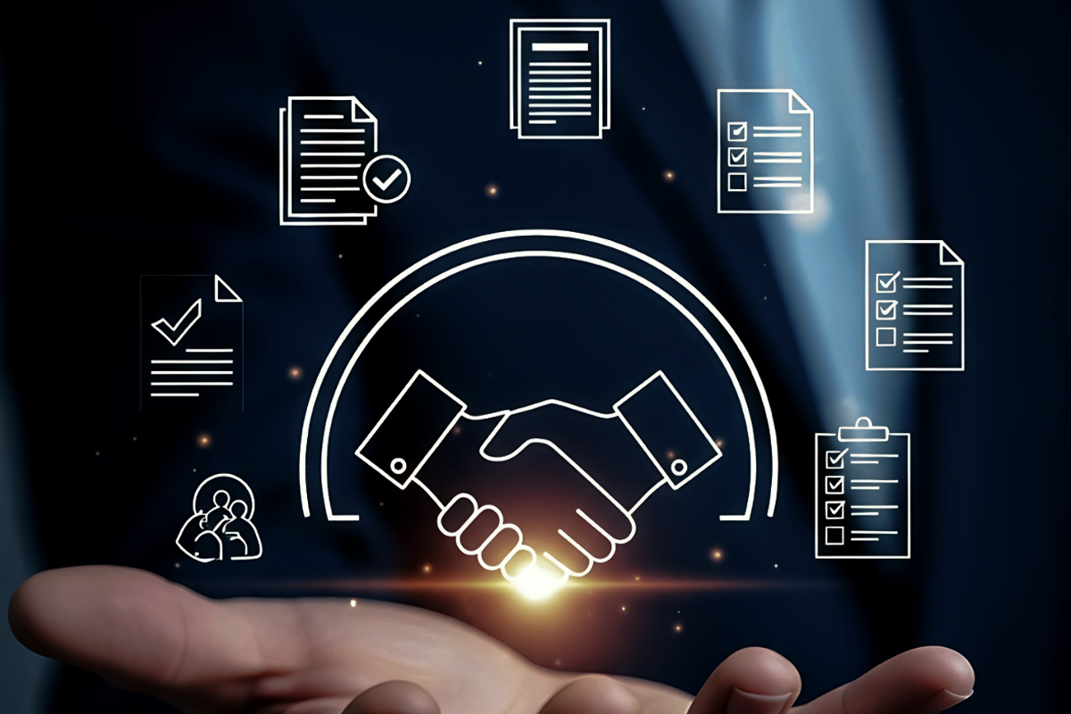 BZV-Rules-of-Engagement-ROE-Service-Agreements-Operational-Ethics A glowing digital handshake icon held in a hand and surrounded by document, checklist, and compliance icons, representing BeeZee Vision’s Rules of Engagement (ROE), mission ethics, and formal service agreement protocols. Alt Text (Spanish): Ícono de un apretón de manos digital brillante sostenido por una mano y rodeado de íconos de documentos, listas de verificación y cumplimiento, que representa las Reglas de Enfrentamiento (ROE) de BeeZee Vision, la ética de la misión y los protocolos formales de acuerdo de servicio.